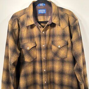 Pendleton Canyon Men's Shirt in a gold and black plaid pattern.